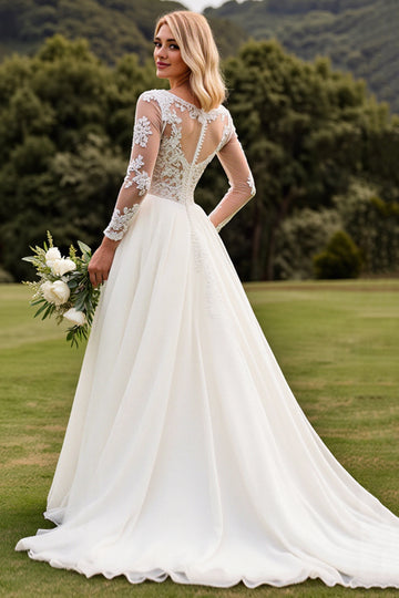 A Line Appliqued Long Sleeves lvory Wedding Dress
